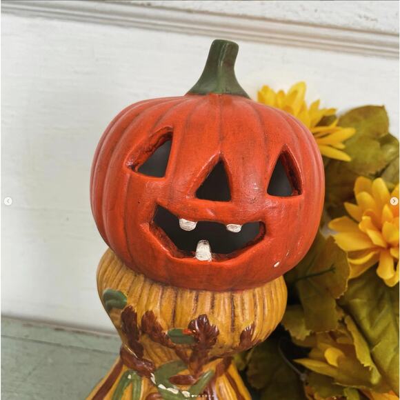 Vintage Halloween Jack O’Lantern Haystack Scarecrow Ceramic Light Cover REPAIRED - Picture 2 of 8